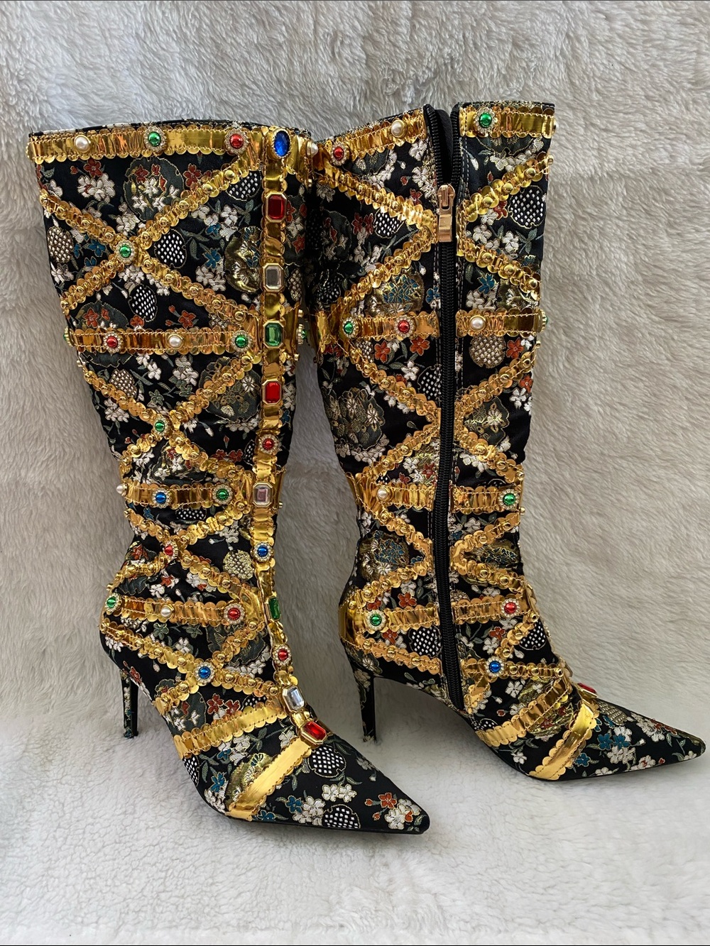 Embellished Black Brocade Knee-High Heeled Boots
